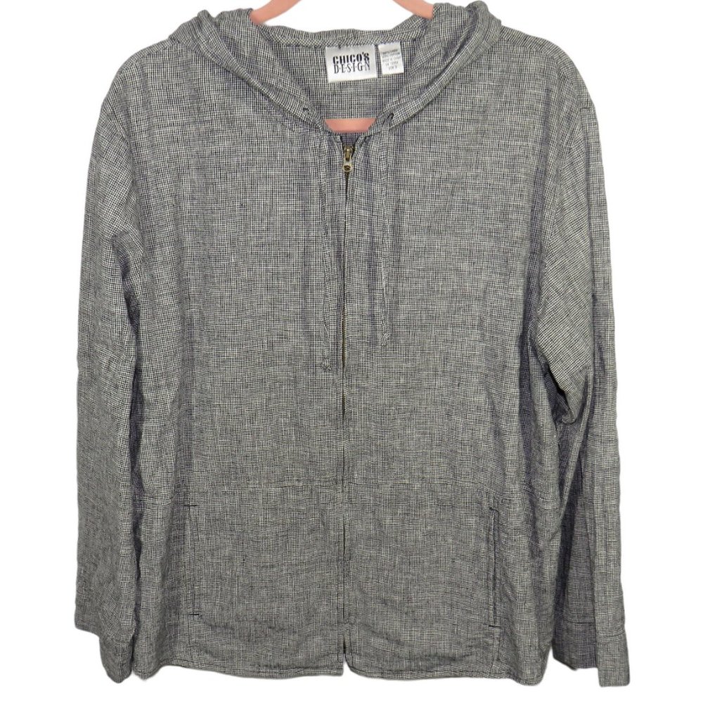Vintage Chico's Women's Linen Blend Houndstooth Zip Up Hoodie, Pockets, Size L
